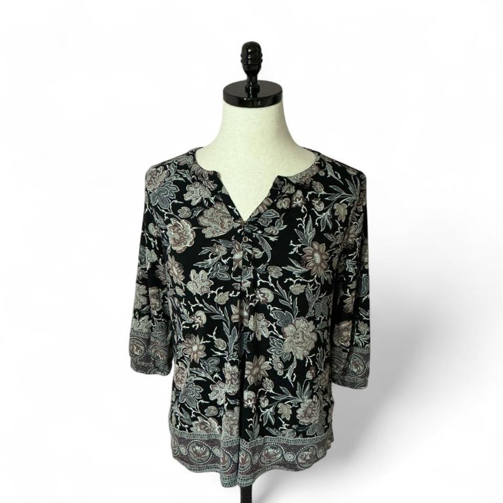 Lucky Brand Womens 1X Floral Split Neck 3/4 Sleeve Boho‎ Blouse Black Multi
